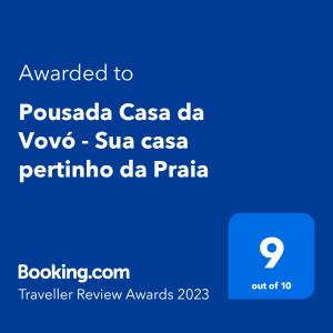 阿拉卡茹Pousada Casa da Vovó - Sua casa pertinho da Praia的手机的屏幕,短信被授予了莎莎莎达