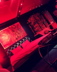 哈尔科夫"DREAM ROOM" Тематические апартаменты Харьков! Цоколь!的红色灯和一张带椅子的床的房间