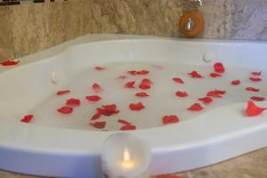 Mountain View Vacation Home的白色浴缸,内装红色玫瑰花瓣