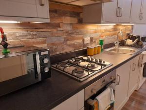 爱丁堡Modern flat near city centre.的厨房柜台配有炉灶和微波炉