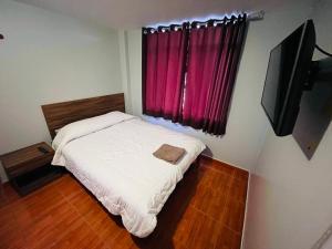Los Baños del IncaHotel Baños del Inca的一间小卧室,配有一张床和电视