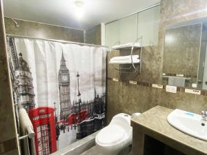 阿雷基帕Ayli Apart Hotel的浴室设有卫生间、水槽和淋浴帘