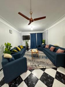 亚历山大Appartement à Miami - Vu sur mer的客厅配有蓝色的沙发和吊扇