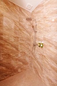 乌隆他尼Calinton Hotel的带淋浴的浴室(带石墙)