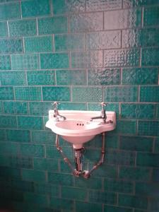 文特诺Wheelers Bay Apartment的绿色瓷砖墙内带水槽的浴室