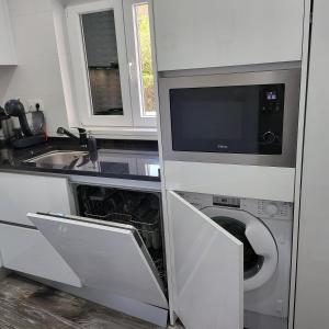 卡帕里卡海岸Nandos Apartement的厨房配有洗衣机、水槽和微波炉