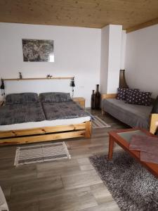 捷克克鲁姆洛夫Ubytování v soukromí Klima的一间卧室配有一张大床和一张沙发