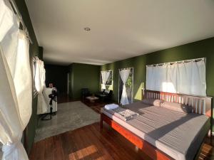 涛岛查尔简易别墅的一间卧室设有一张带绿色墙壁的大床