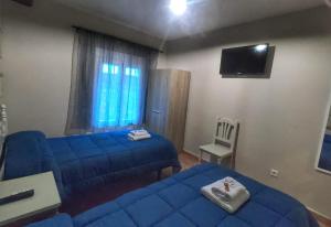 卡索拉Cazorla Paraíso Resort的客房设有2张蓝色的床和电视。