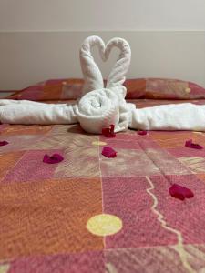 福塔莱萨Hotel Pousada Villa Marina的睡在床上的一对天鹅