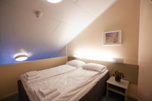 TronesNamsskogan Familiepark & Hotell的小房间,配有带毛巾的床