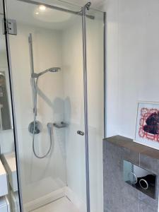 多维尔Deauville Harmonie - Tout à pied, Balcon & Modernité的浴室里设有玻璃门淋浴