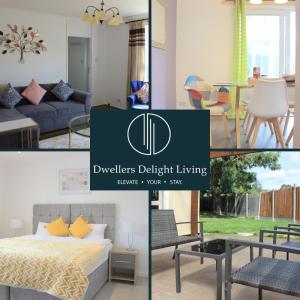 伦敦Dwellers Delight Living Ltd Serviced Accommodation, Chigwell, London 3 bedroom House, Upto 7 Guests, Free Wifi & Parking的卧室和客厅的照片拼合在一起