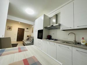 雅西Luxury New Apartments Centru的厨房配有白色橱柜和水槽