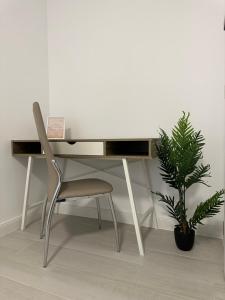雅西Luxury New Apartments Centru的一张桌子,椅子和盆栽植物