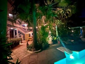 坎多林卡萨达普瑞住宿加早餐旅馆的夜晚在房子里种着棕榈树的庭院