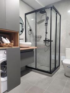 斯科普里BS Apartment的一间带玻璃淋浴和卫生间的浴室