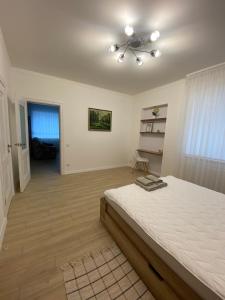 文尼察Apartments in Pyrogovo的一间卧室配有一张床和吊扇