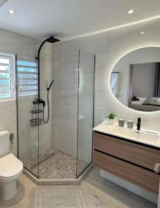 圣马丁岛Orient Bay, Appartement Héliconia.的带淋浴、卫生间和盥洗盆的浴室