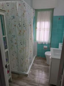 奥维多Casa Oviedo centro的带淋浴帘和卫生间的浴室