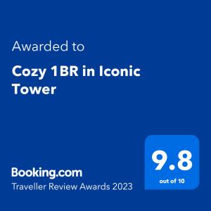阿布扎比Cozy 1BR in Iconic Tower的手机的屏幕,手机的文本被授予舒适感