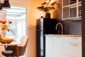 威斯巴登Stay at Smilla - Boutique Apartments mit Küche - Parken - Klima - Netflix - Waschmaschine的厨房配有黑色冰箱和桌子
