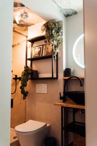 威斯巴登Stay at Smilla - Boutique Apartments mit Küche - Parken - Klima - Netflix - Waschmaschine的一间带卫生间的浴室,墙上挂着一些植物
