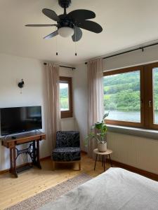 摩泽尔河畔的泽尔Boutique Guesthouse Das WOHLGEMUTH HEIM Mosel Weingut的一间卧室配有吊扇和电视。