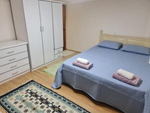 费特希耶Bahçeli büyük köy evi的一间卧室配有一张床,上面有两条毛巾