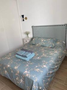 庞特维德拉Agradable casa rural entre Pontevedra y Arcade的一间卧室配有一张带蓝色棉被的床