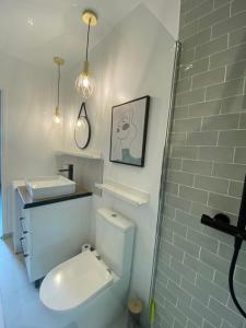 Appartement standing 2 pièces tout équipé avec jardin et parking privé的白色的浴室设有卫生间和水槽。