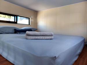 别霍港Tiny house with extended camping area for large groups的一间卧室配有一张大床和两个枕头