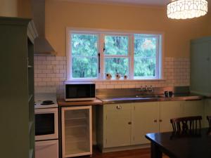 WhareamaTinui Food Forest Cottage的带微波炉和水槽的厨房以及2扇窗户。