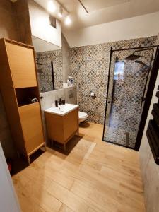 米卢夫卡Apartament Nad Góralem的浴室配有卫生间、盥洗盆和淋浴。