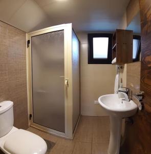 MayrūbāVillars的带淋浴、卫生间和盥洗盆的浴室