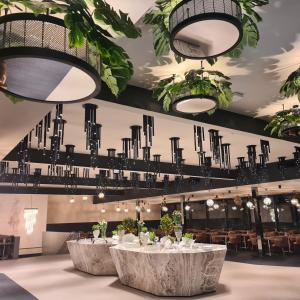 奥帕提亚阿德瑞阿缇克大酒店的一间带桌子和吊灯的用餐室