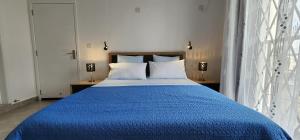 弗利康弗拉克SANDSTONE LUXURY 2 BEDROOM APARTMENT with LIFT and COMMON POOL的一间卧室配有蓝色的床和蓝色的毯子