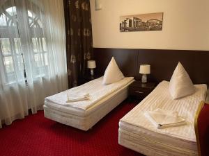 卡利什施塔卡利什别墅酒店的红地毯旅馆客房的两张床