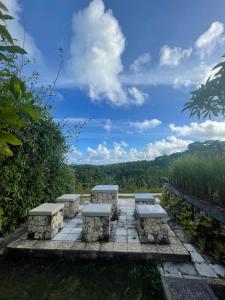 珀尼达岛Kepaon Gari Inn的一组长椅坐在一个享有美景的庭院里