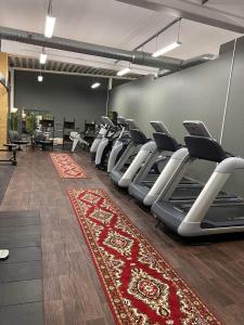 克里斯蒂安斯塔德克里斯蒂安斯塔德城市酒店的一间健身房,里面设有一排有氧运动器材和红地毯