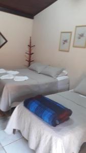 布罗塔斯Pousada Boa Vista的一间设有两张床的房间,床上有一个蓝色的行李箱