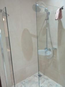 达喀尔Iris Hotel的浴室里设有玻璃门淋浴