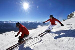 Chambre double privative et indépendante的两个人在雪覆盖的斜坡上滑雪