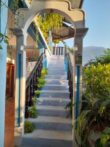兰金Hotel Rabin Itzam的通往带蓝色和白色楼梯的房屋的楼梯