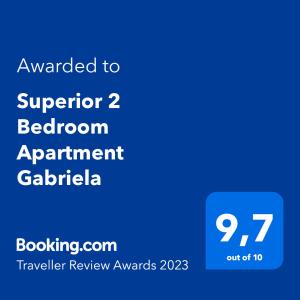 杜布罗夫尼克Superior 2 Bedroom Apartment Gabriela的蓝色文本框,包含升级到高级卧室公寓的计算器