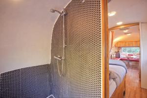 彭林The Airstream的带淋浴的浴室和客房内的一张床