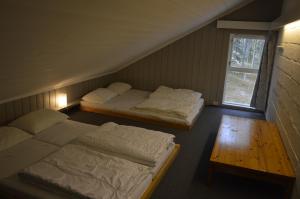 特吕西尔14-Nasjonalpark, sykling, fisking, kanopadling, skogs- og fjellturer的客房设有两张床、一张桌子和一扇窗户。