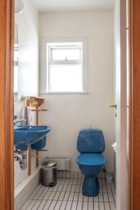 教堂城The Holiday Houses by Stay Iceland的浴室设有蓝色的卫生间和水槽。