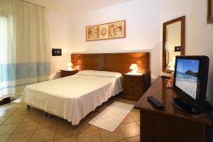 维拉西米乌斯Hotel Il Girasole的一间卧室配有一张床和一张书桌及电视