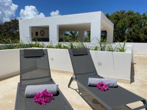 吉汶瓦Tangawizi Villa with Private Pool ZanzibarHouses的庭院里一对椅子,房子里